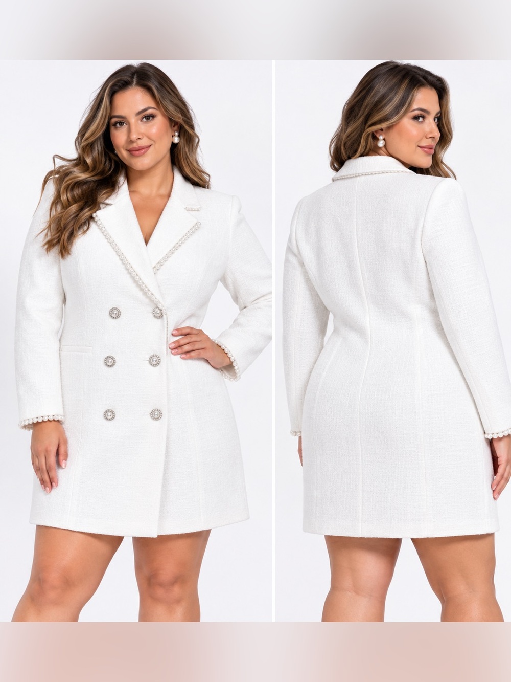 Classic White Pearl-Trim Double-Breasted dress